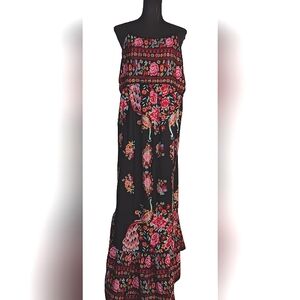 Black Peacock and Floral Maxi Dress - Sleeveless and Bareback, Size XL